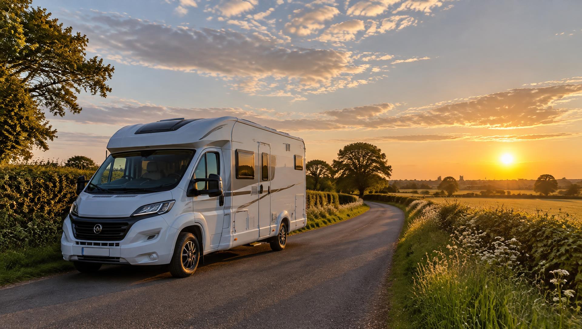 Motorhome parked on a quiet Norfolk country lane at sunset